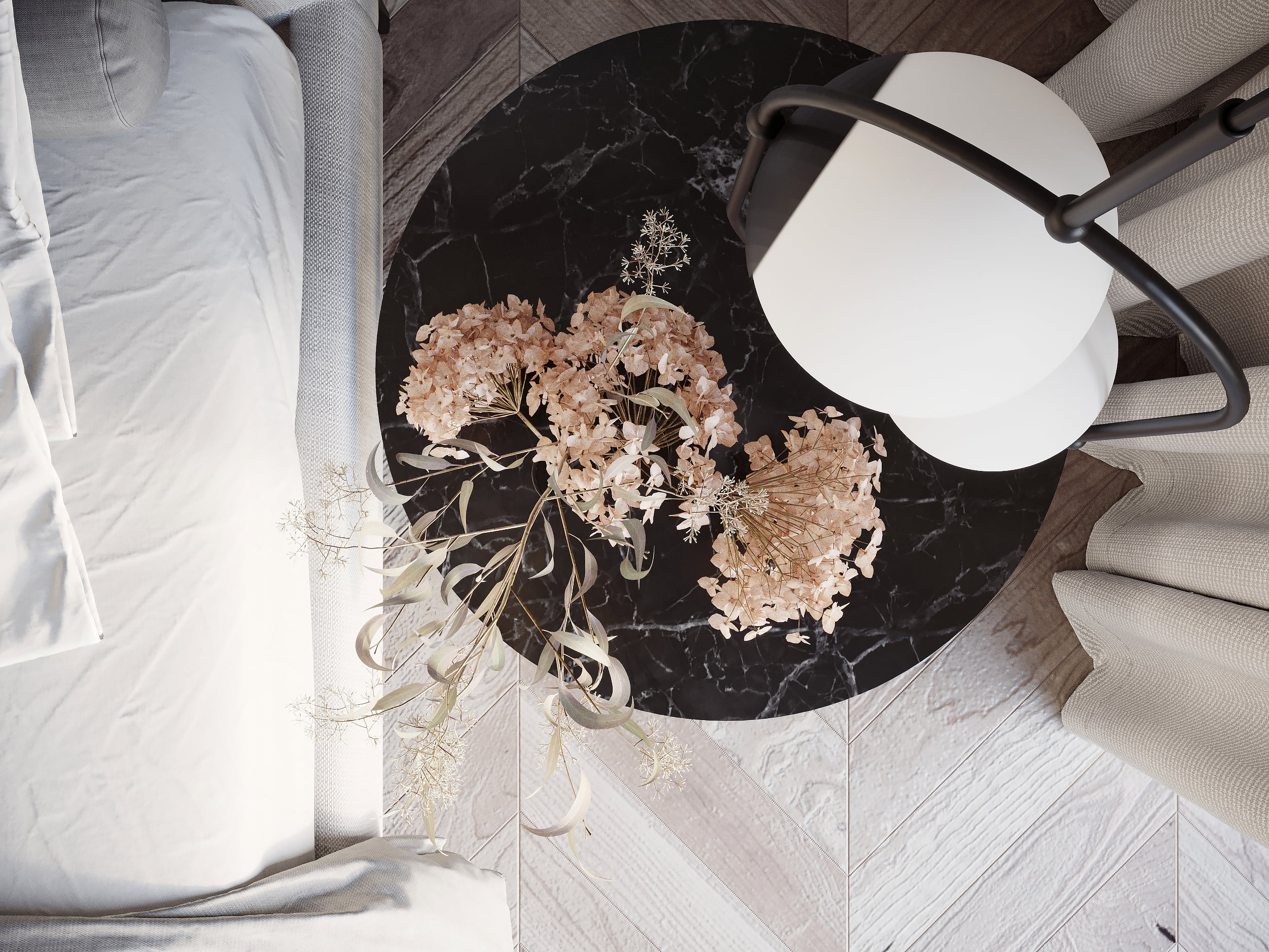 Stolik kawowy ze spieku kwarcowego czarny z białą żyłką